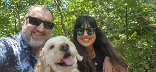 Sami, Kruti, and Plato together outdoors