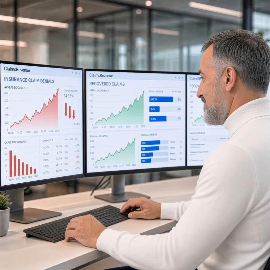 Sami Quazi at a workstation with three monitors showing ClaimsRevenue dashboards for insurance claim denials, recovered claims, and revenue